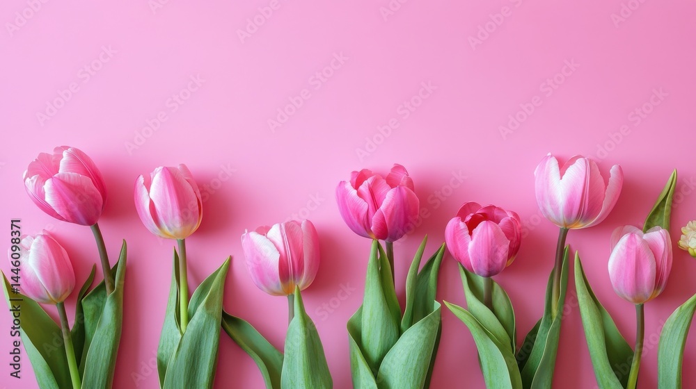 A row of pink and white tulips with green leaves against a solid pink background. A row of pink and white tulips with green leaves against a solid pink background.