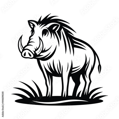 Stylized Black and White Silhouette of a Warthog on Grass Looking to the Left