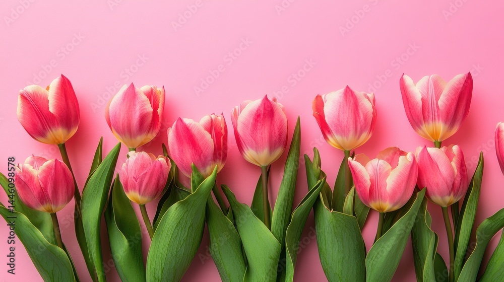 Fototapeta premium A row of pink and white tulips with green leaves against a solid pink background.