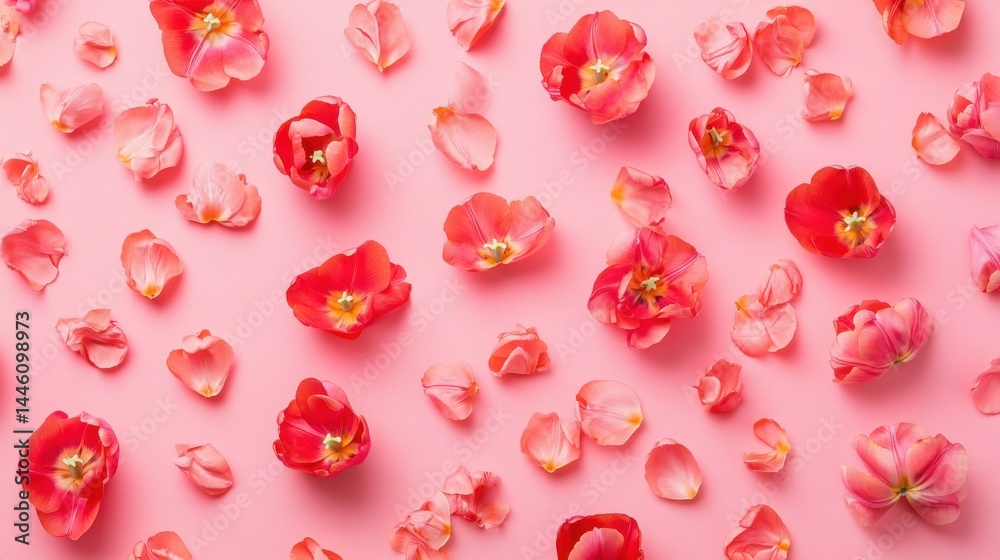 A row of pink and white tulips with green leaves against a solid pink background. A row of pink and white tulips with green leaves against a solid pink background.