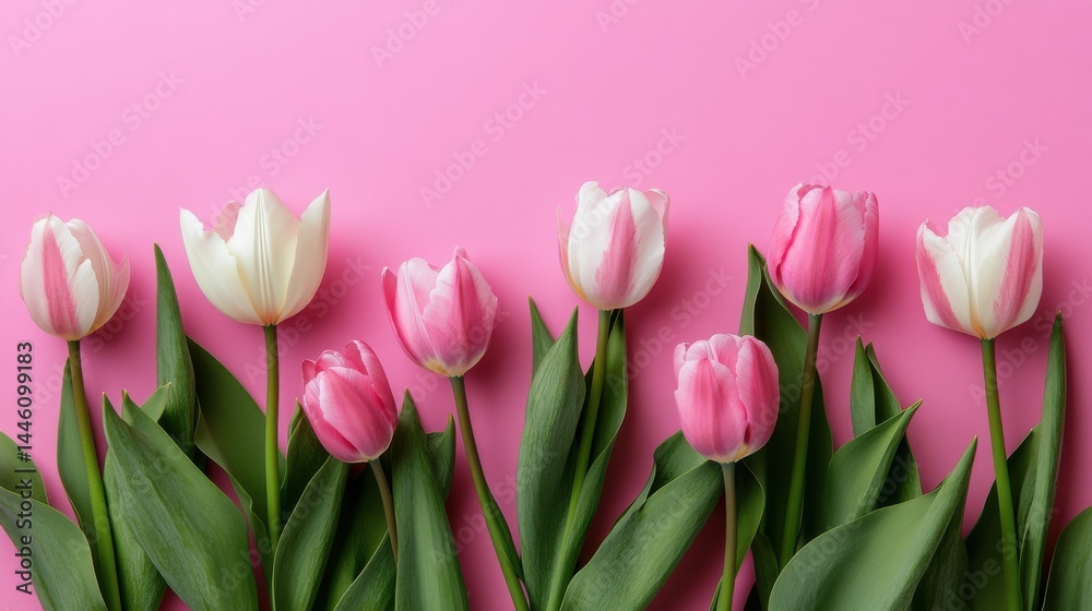 A row of pink and white tulips with green leaves against a solid pink background. A row of pink and white tulips with green leaves against a solid pink background.