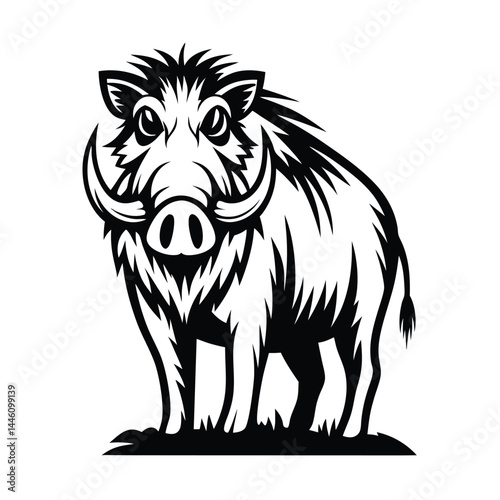 Cartoon Boar Clipart, Wild Pig Mascot, Strong Hog Silhouette, Black and White Design