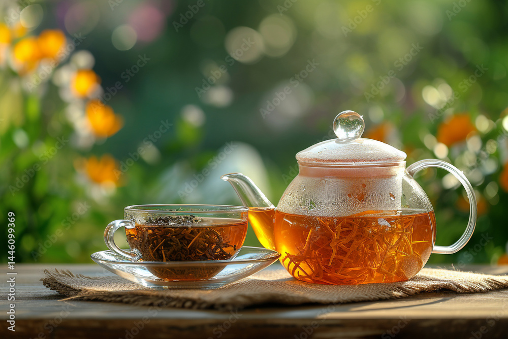 On one summer outdoor background, there is one glass cup and teapot filled with black tea, providing one copy space for additional elements On one summer outdoor background, there is one glass cup and teapot filled with black tea, providing one copy space for additional elements