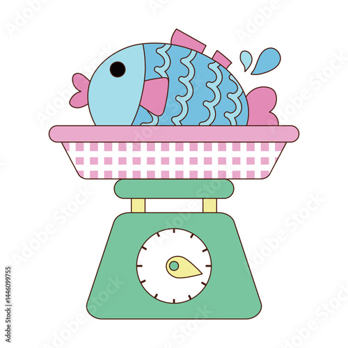 A pink basket is placed on a green scale to weigh the fish, with a blue fish placed on top.