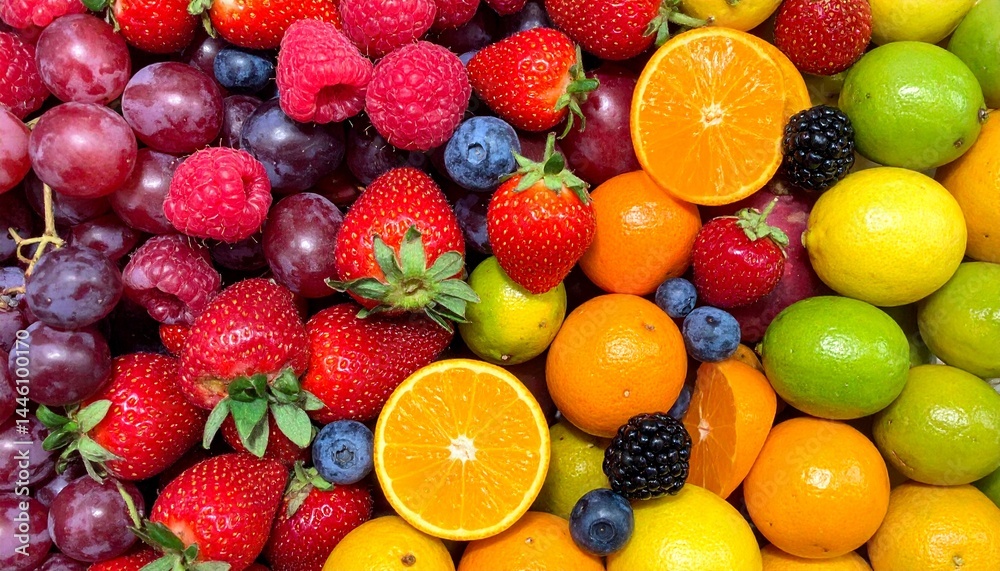 A vibrant explosion of chopped fruit slices flying outward against a colorful background, showcasing a dynamic burst of juicy flavors and textures in a high-energy, close-up visual scene