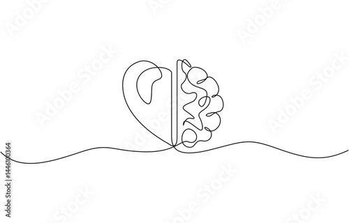 One continuous line drawing of half human brain and love heart shape logo icon, Vector graphics post, One line drawing of half of a human brain style.