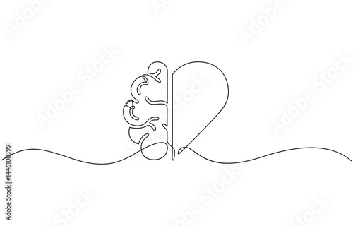 One continuous line drawing of half human brain and love heart shape logo icon, Vector graphics post, One line drawing of half of a human brain style.