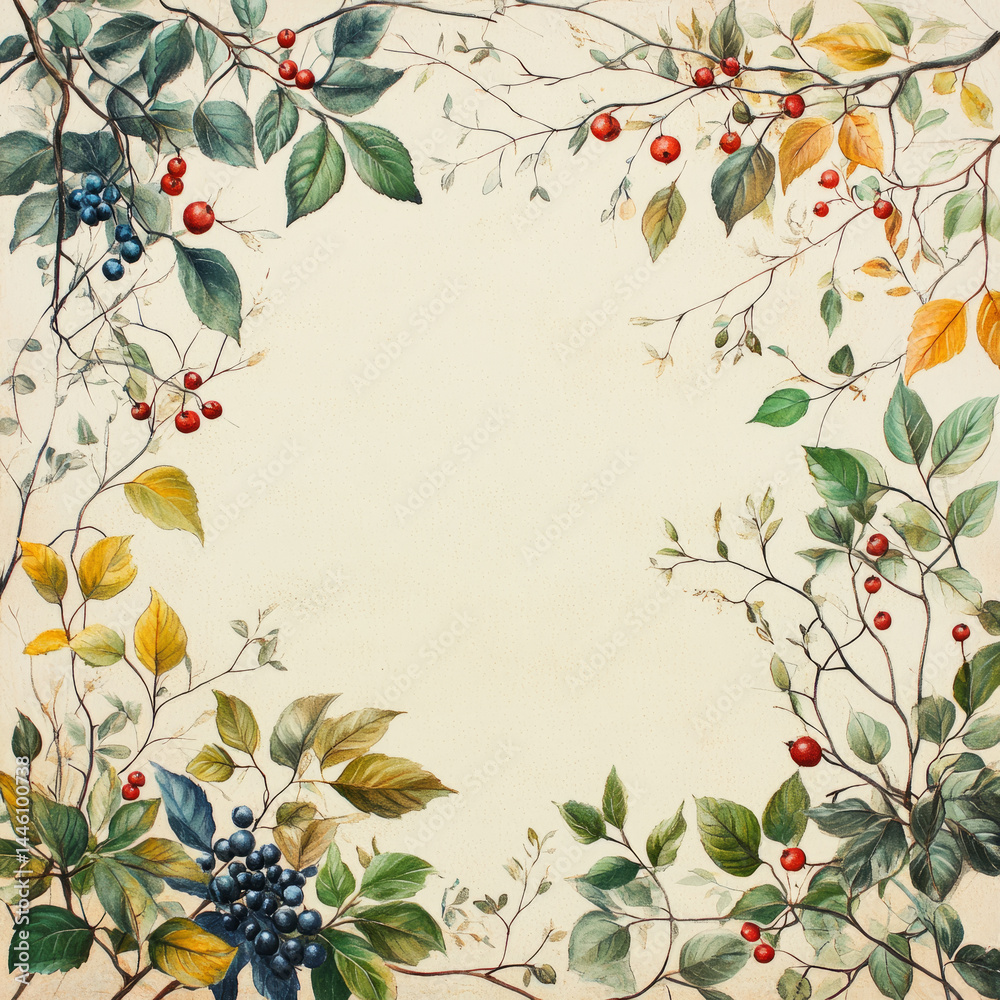 Fototapeta premium Botanical illustration with autumn leaves and berries frame.