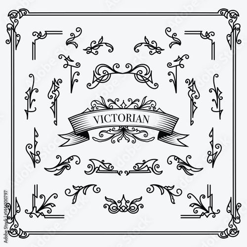 Set Vintage Victorian Line art Elements illustration