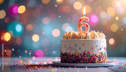 Festive sixth birthday cake with lit candle, colorful sprinkles, and bokeh background