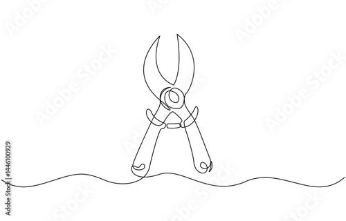 Continuous one line drawing of secateurs plant equipment, Gardening hedge trimmers line drawing with editable stroke, minimalist design concept pro style. vector illustration.