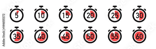 Timer icons set. Stopwatch, kitchen timer, countdown timer, cooking time symbols.