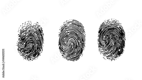 Set of multiple fingerprint pattern on white background. Abstract fingerprint design with a grunge texture, Vector black fingerprint texture. Black fingerprint on white transparent background.	