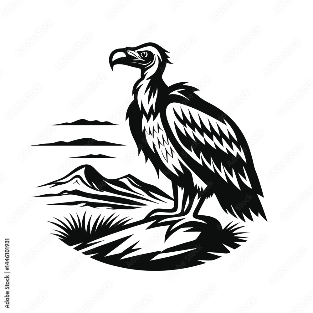 Fototapeta premium Silhouette Vulture on Rock with Mountain View. Wild Bird Wildlife in Black Design