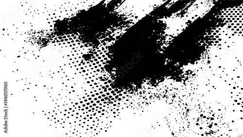 Vector new style halftone dots modern grunge texture. Black Ink splatter brush stroke on black halftone dots abstract white background	