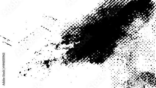 Vector new style halftone dots modern grunge texture. Black Ink splatter brush stroke on black halftone dots abstract white background	