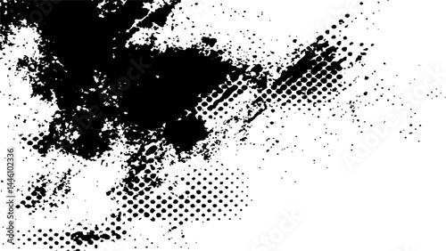 Vector new style halftone dots modern grunge texture. Black Ink splatter brush stroke on black halftone dots abstract white background	