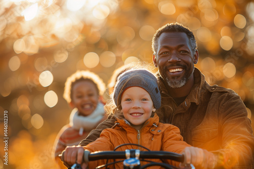 Parents joyfully encouraging their children to ride together on one tandem bike, creating one memorable and bonding experience for whole family    