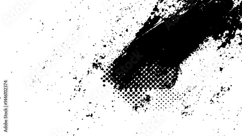 Vector new style halftone dots modern grunge texture. Black Ink splatter brush stroke on black halftone dots abstract white background	