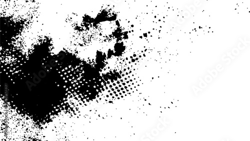 Vector new style halftone dots modern grunge texture. Black Ink splatter brush stroke on black halftone dots abstract white background	