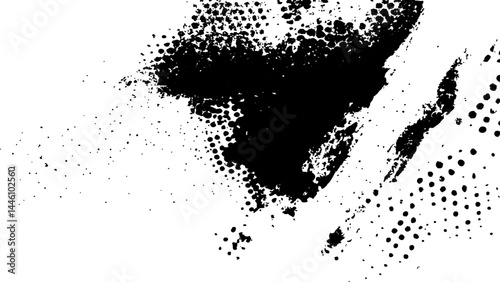 Vector new style halftone dots modern grunge texture. Black Ink splatter brush stroke on black halftone dots abstract white background	
