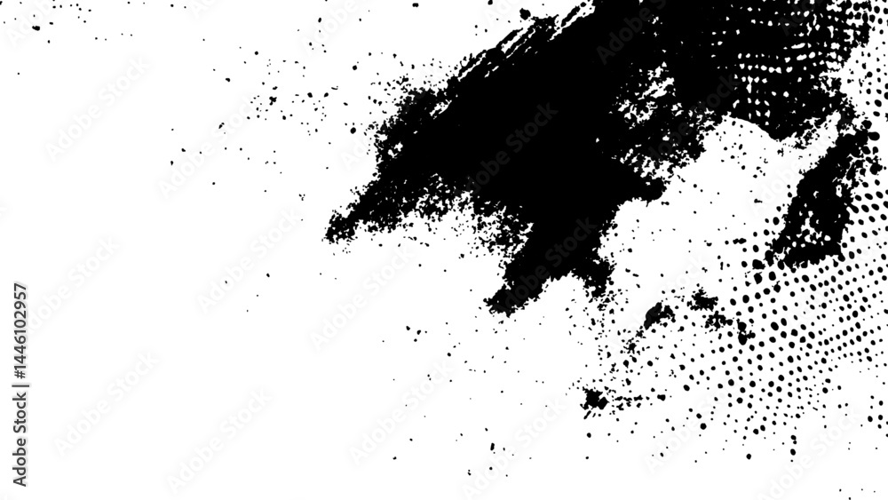 Vector new style halftone dots modern grunge texture. Black Ink splatter brush stroke on black halftone dots abstract white background Vector new style halftone dots modern grunge texture. Black Ink splatter brush stroke on black halftone dots abstract white background