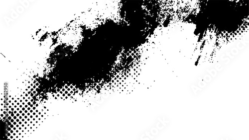Vector new style halftone dots modern grunge texture. Black Ink splatter brush stroke on black halftone dots abstract white background	