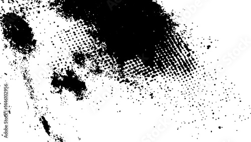 Vector new style halftone dots modern grunge texture. Black Ink splatter brush stroke on black halftone dots abstract white background	