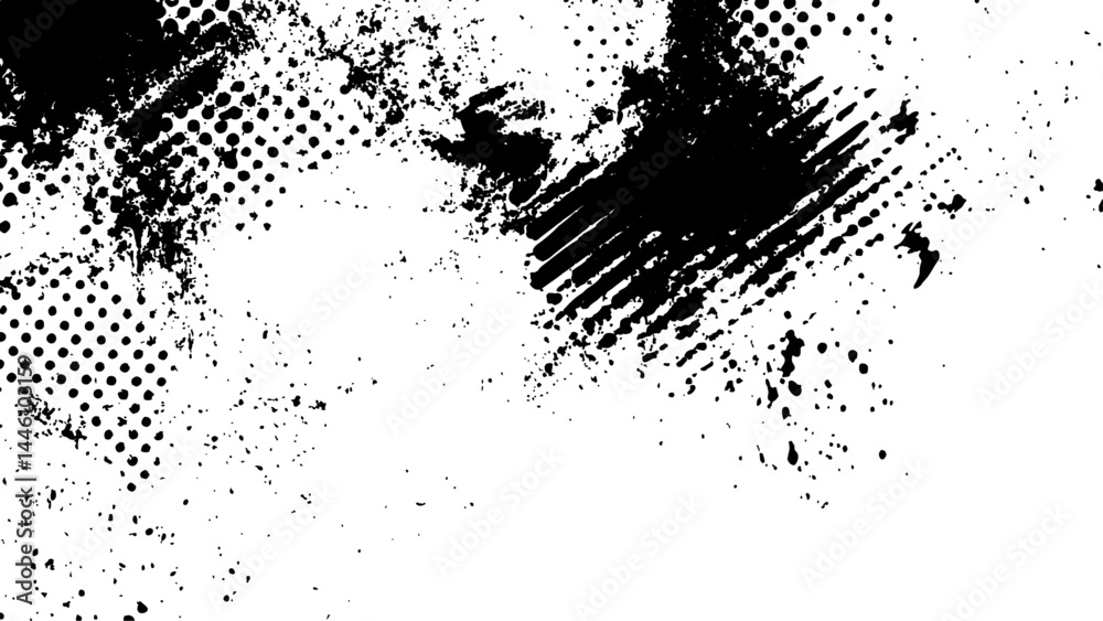 Vector new style halftone dots modern grunge texture. Black Ink splatter brush stroke on black halftone dots abstract white background	