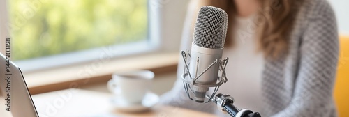 Woman Recording Podcast Home Office Studio