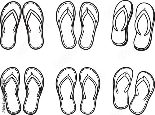 set of flip flops line art, black outline, vector and illustration, coloring book page line art drawing