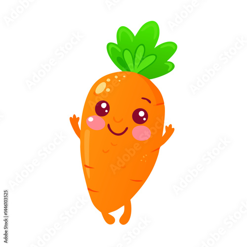 Vector - styled cute animated orange carrot with green leaves, expressive face and limbs, perfect for children's, food - themed, or healthy - living projects in a playful design.