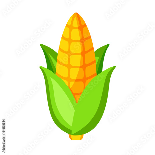 Vector - illustrated corn with green leaves and orange - yellow kernels, perfect for food, agriculture, and harvest - related projects in a flat design context.
