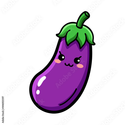 Vector - styled cute animated purple eggplant with green stem and expressive face, suitable for food, children's, and playful - themed projects in a whimsical design approach.