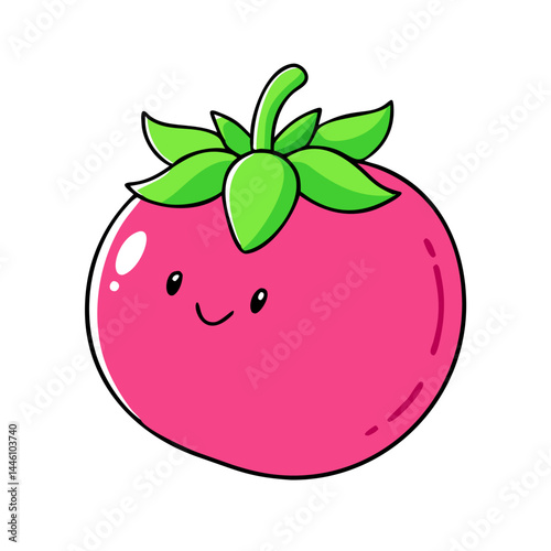 Vector - styled cute animated pink tomato with green leaves and a happy expression, perfect for food, children's, or healthy - living projects in a whimsical design.