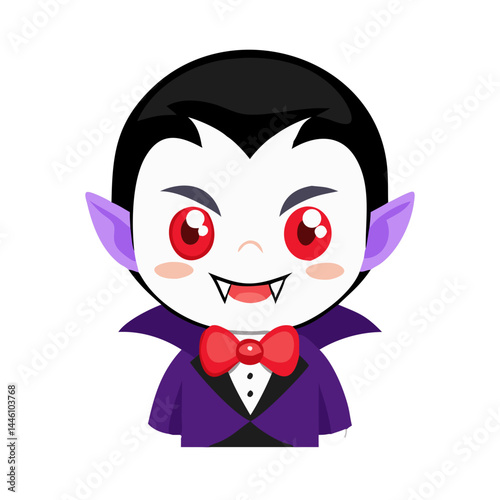 Vector - designed spooky - cute cartoon vampire with red eyes and fangs,  ideal for Halloween, horror, or festive projects in a playful design.