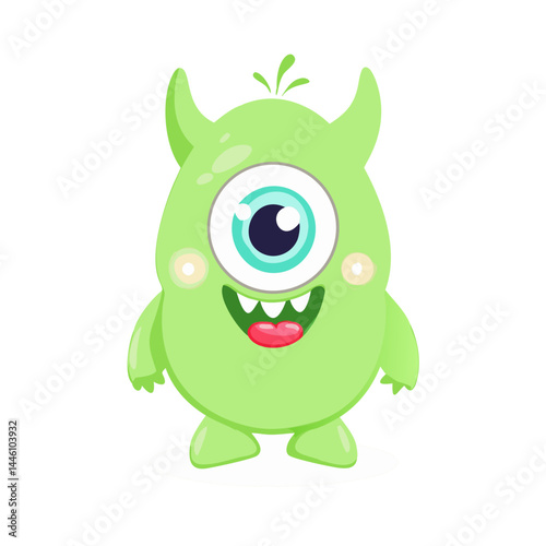 Vector - designed cute icon of a green cartoon one - eyed monster with horns, ideal for children's, playful, fantasy - themed projects.