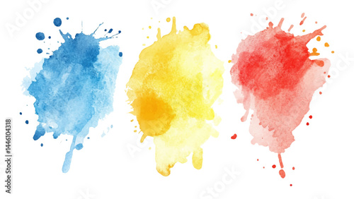 Set of watercolor circles brash multicolored. watercolor on white transparent background. Three watercolor spots with colorful drops and spray on a white background for artistic design projects