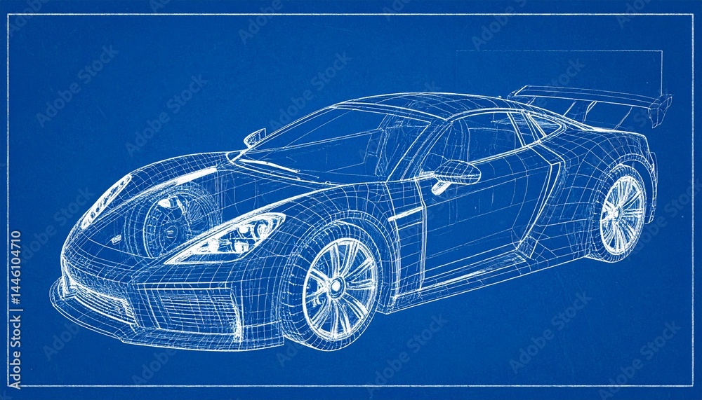 Naklejka premium Futuristic Sports Car Blueprint Wireframe — CAD Concept