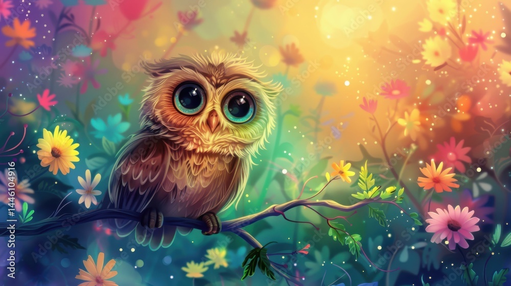 Obraz premium Charming owl gazing with wonder while perched on a flower-draped branch in a vibrant forest