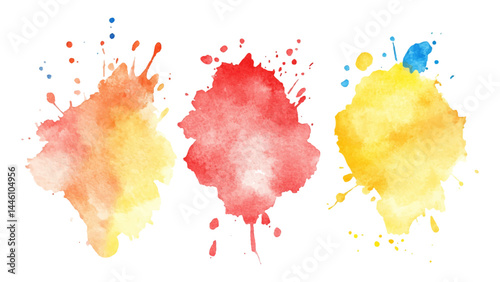 Set of watercolor circles brash multicolored. watercolor on white transparent background. Three watercolor spots with colorful drops and spray on a white background for artistic design projects