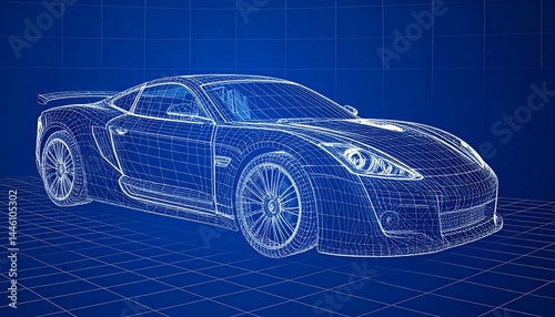 Futuristic Sports Car Blueprint Wireframe — CAD Concept