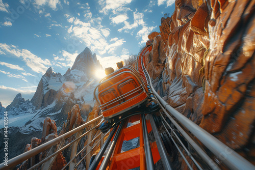 Experience exhilarating thrill of riding the thrilling roller coaster as it winds its way through breathtaking peaks and valleys of the majestic mountain range    