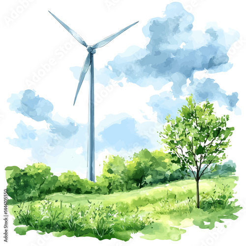 illustration of Turbine With Rotating Blades, watercolor vector, isolated on a white background.