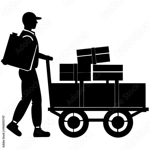 silhouette of a man pushing a wheelbarrow