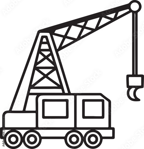 mobile crane machine line art, black outline, vector and illustration, coloring book page line art drawing