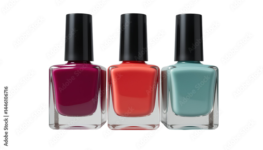 Three square bottles of nail polish, arranged in a horizontal row isolated on transparent background Three square bottles of nail polish, arranged in a horizontal row isolated on transparent background