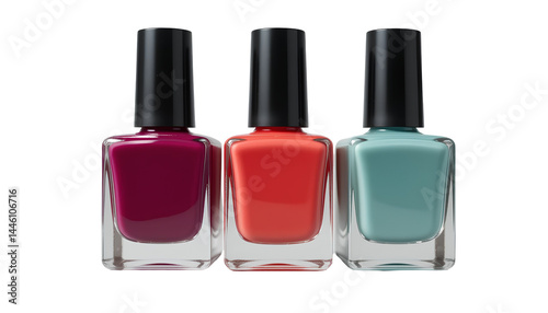 Three square bottles of nail polish, arranged in a horizontal row isolated on transparent background 