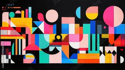 Vibrant geometric shapes composition on black background