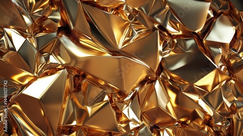 Abstract gold metallic texture with sharp, angular, fragmented shapes creating a dynamic, luxurious background.